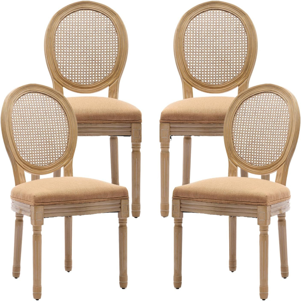 Vintage French Rattan Dining Chairs Set of 4, Round Back Accent Chairs with Rattan Backrest and Upholstered Linen Seat, Solid Wood Frame Sillas de Comedor for Dining Room & Kitchen, Camel