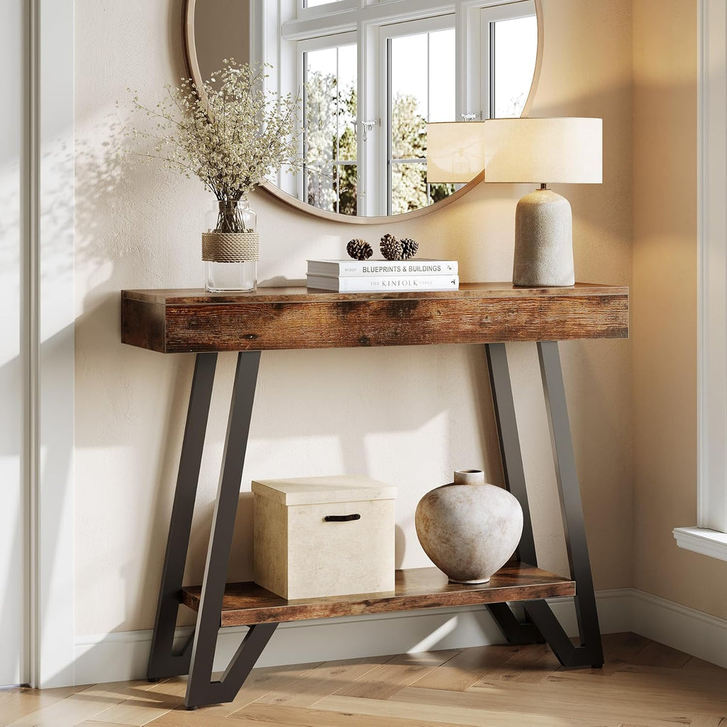 LITTLE TREE 41-Inch Console Table with Geometric Metal Frame, Rustic Brown, Entryway Tables, Storage Shelves, 2-Tier, Industrial, Hallway Sofa Table, Accent Table, Living Room