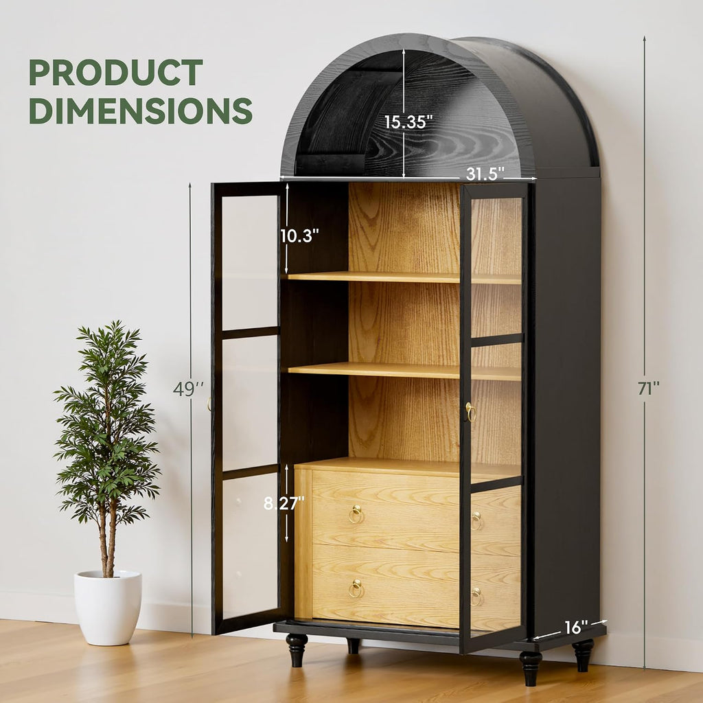 YESHOMY Kitchen Pantry Cabinet, 71" Arched Storage Cabinets Tall Pantry, Bookshelf, with Large Drawers, Shelves and Glass Doors, Farmhouse Cupboard, for Living Room, Dining Room(Black)