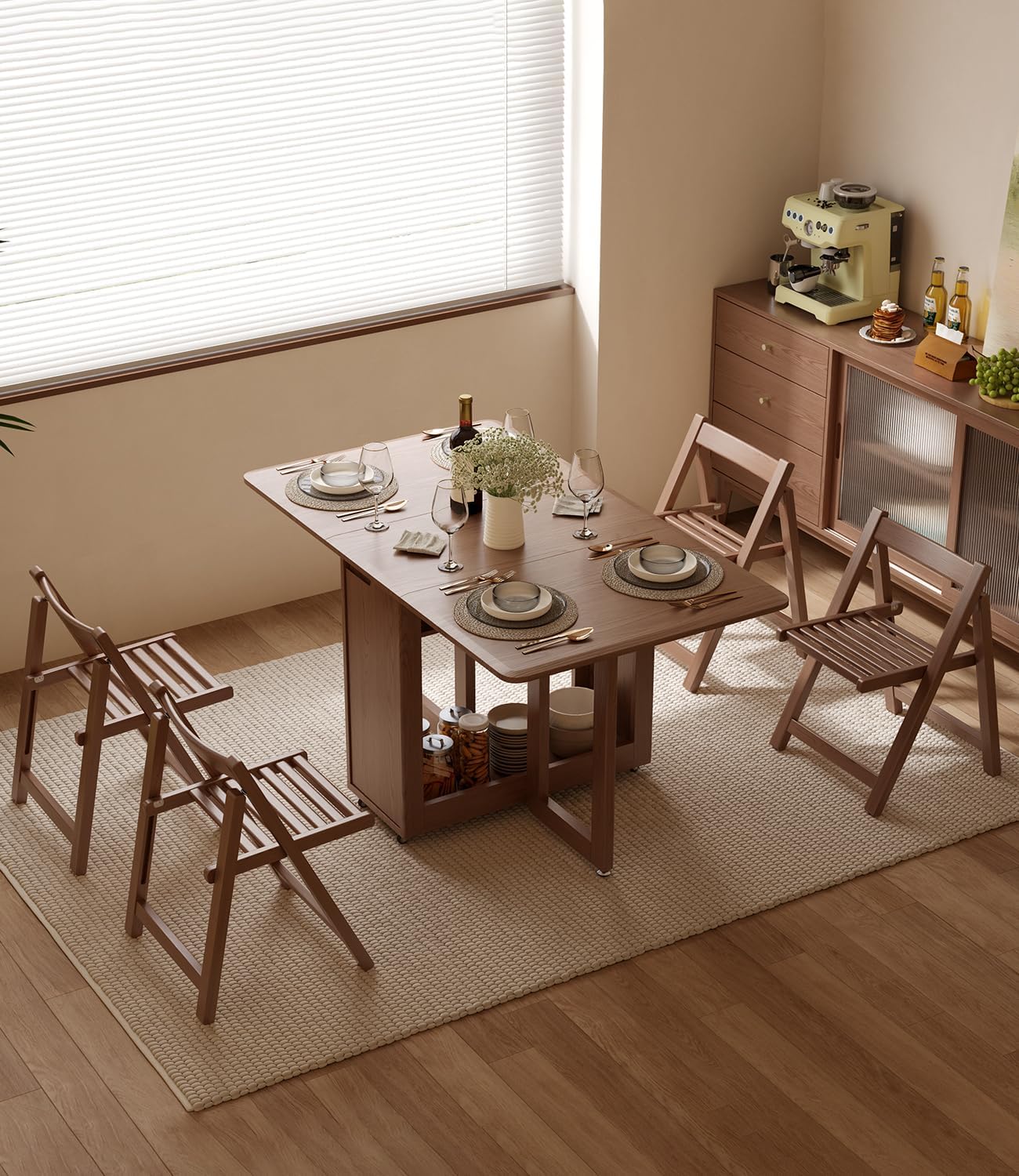 AnywaysWood Folding Dining Table with 4 Foldable Chairs Set, Space Saving Extendable Solid Wood Drop Leaf Table for Kitchen Dining Living Room Small Spaces Simple Assembly