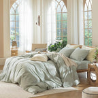 MooMee Bedding Duvet Cover Set 100% Washed Cotton Linen Like Textured Breathable Durable Soft Comfy (Heathered Sage Green, Queen 90"x90")