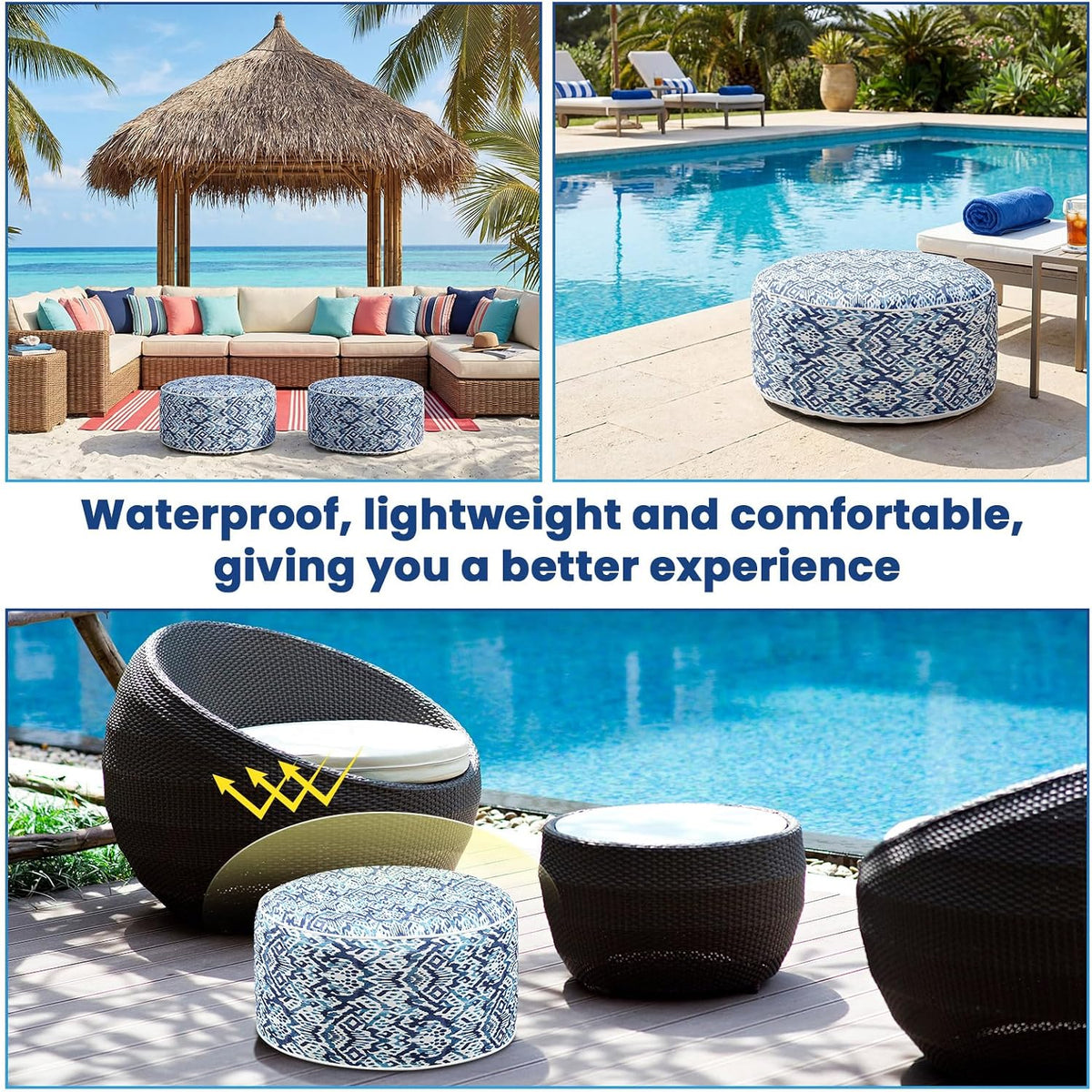 Cinnvoice 2 Pcs Inflatable Outdoor Ottoman Pouf Waterproof Round Footrest with Handle D21 x H9 Inch Indoor Outdoor Portable Footstool for Patio Garden Camping or Home Pool(Diamond Stripes)