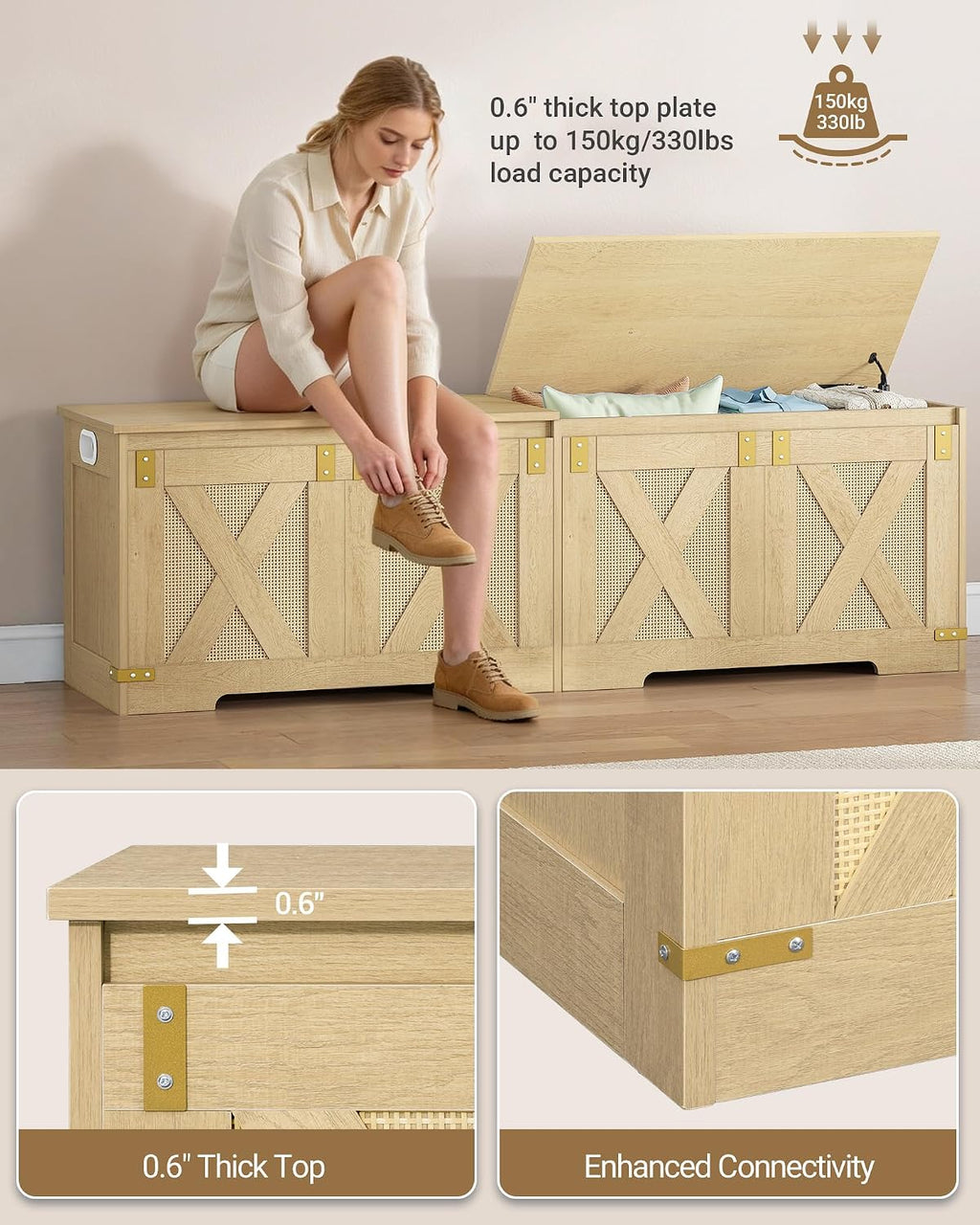 Hzuaneri 59" Boho Storage Chest and Bench | 70 Gal | 330lb Seat | Soft-Close Hinges | Camel Yellow | Shoe and Blanket Storage for Bedroom, Living Room, Entryway | Easy Assembly | SB15002Y