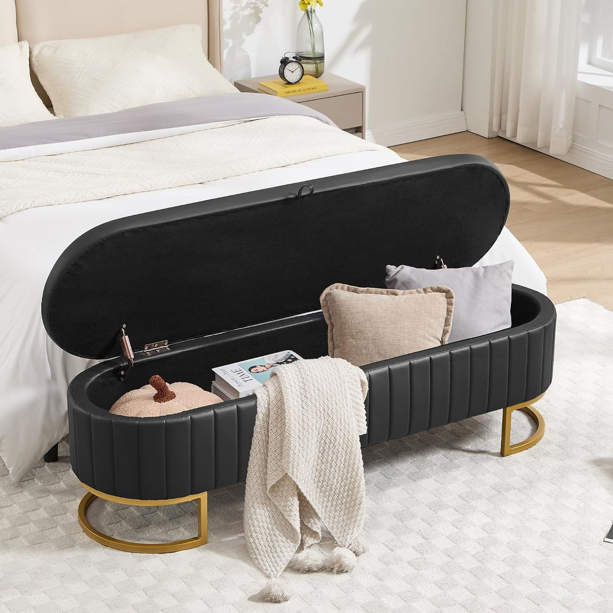 Storage Ottoman Bench, 63" Faux Leather End of Bed Bench Bedroom Bench King Size with Golden Metal Legs, Upholstered Storage Bench for Bedroom Living Room Entryway and Window, Black
