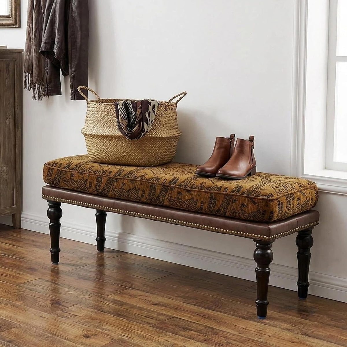 Forteek 47" Vintage Pattern Upholstered End of Bed Bench, Entryway Bench | Bedroom Bench with Detachable Washable Cover, Nailhead Trim, Sturdy Solid Wood Legs,Window Bench, Hallway Bench, Dining Bench