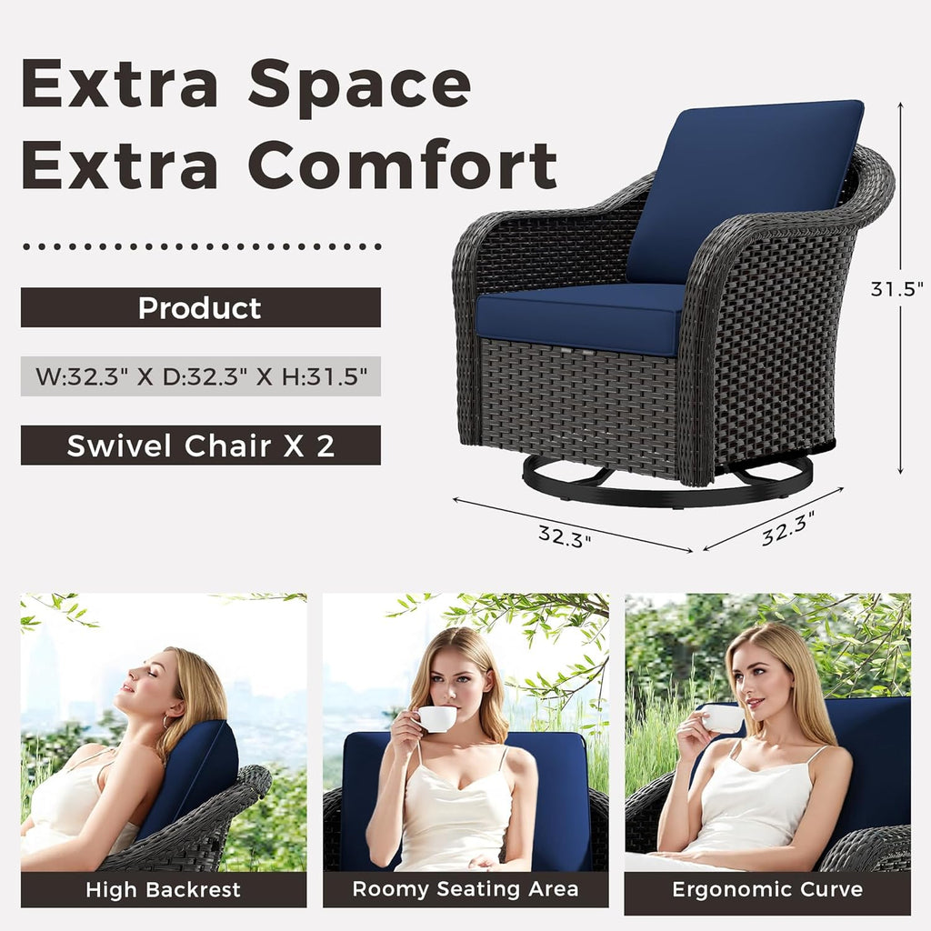 Outdoor Wicker 360 Degree Swivel Glider Rocker Chairs Set, Patio Conversation Furniture Set with Washable Cushions for Garden, Poolside (Navy Blue)