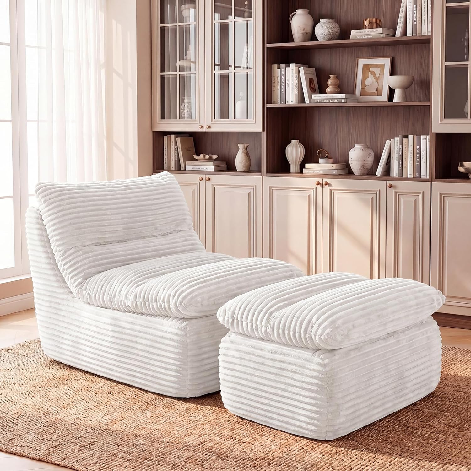 Chaise Lounge Chair, Faux Fur Ergonomic Chair with Ottoman, High Density Memory Foam No Assembly Lazy Sofa, Indoor Leisure Couch for Living Room Bedroom Office Apartment