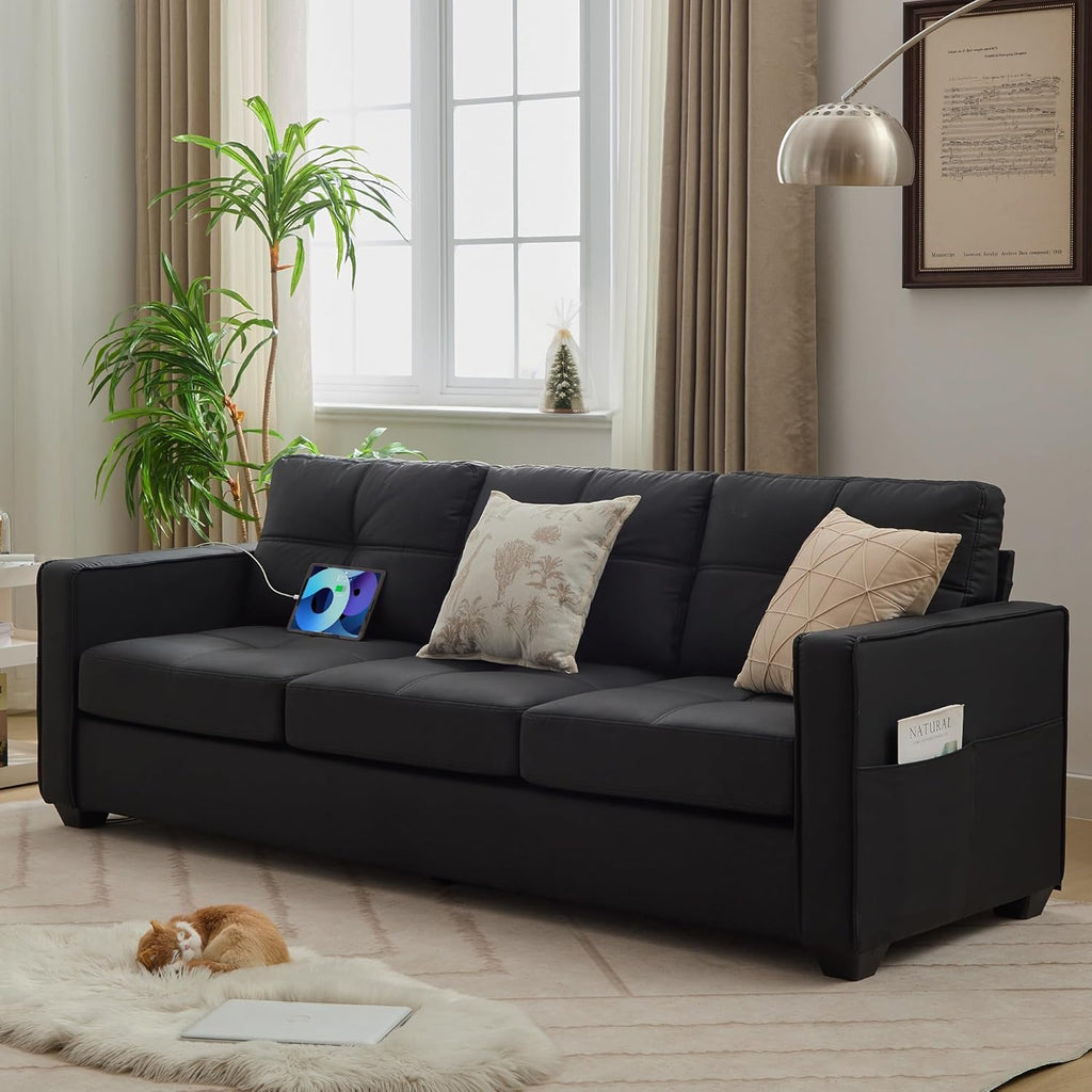 TYBOATLE 88" W Faux Leather Couches w/USB, Tufted Mid-Century Modern Comfy Black Leather Couch w/Side Pockets and Wider Arms for Living Room, 3 Seater Leathe Sofa for Office, Apartment, Bedroom