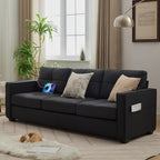 TYBOATLE 88" W Faux Leather Couches w/USB, Tufted Mid-Century Modern Comfy Black Leather Couch w/Side Pockets and Wider Arms for Living Room, 3 Seater Leathe Sofa for Office, Apartment, Bedroom
