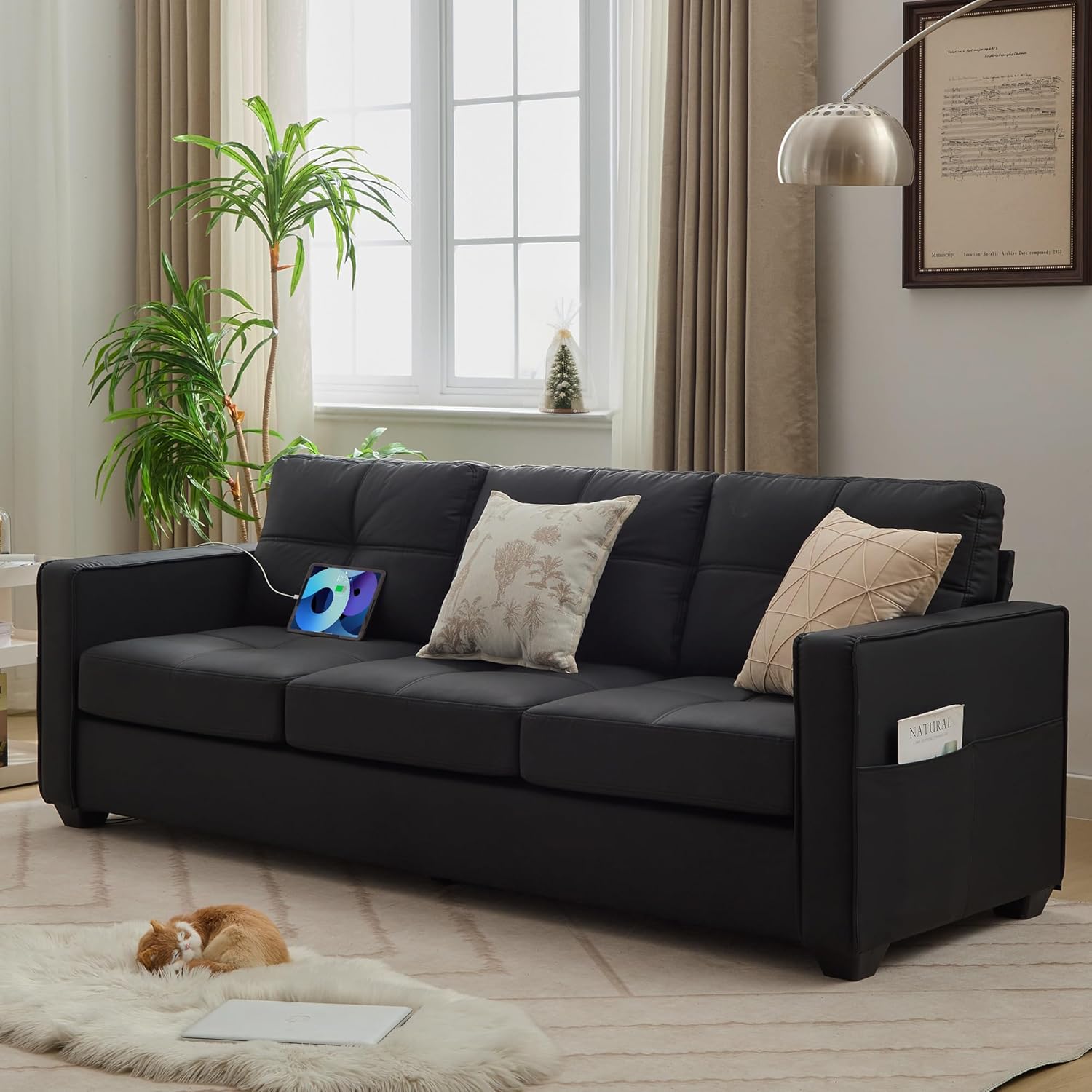 TYBOATLE 88" W Faux Leather Couches w/USB, Tufted Mid-Century Modern Comfy Black Leather Couch w/Side Pockets and Wider Arms for Living Room, 3 Seater Leathe Sofa for Office, Apartment, Bedroom