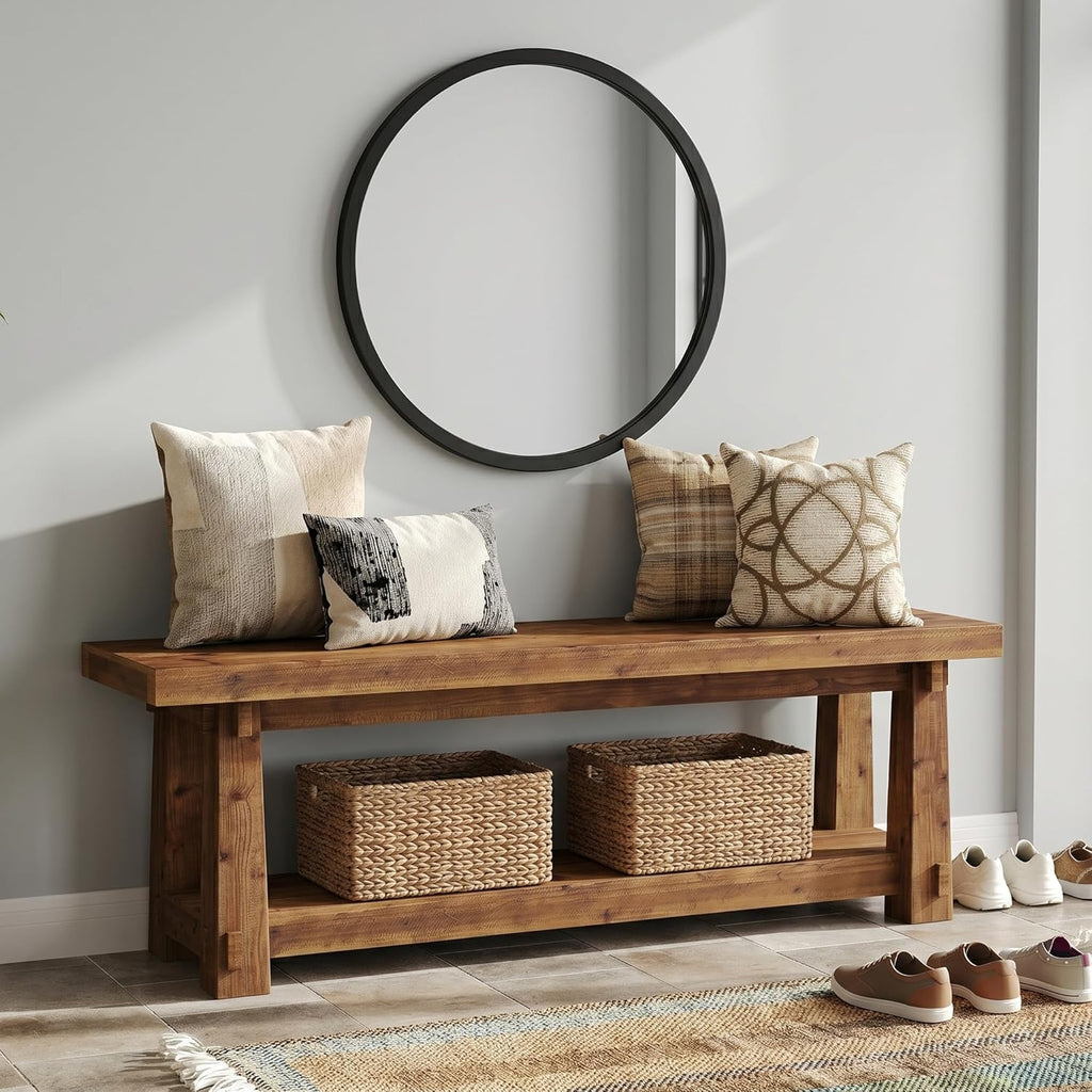 55" Solid Wood Entryway Bench with Shoe Storage, Rustic Wood Grain Shoe Rack Window Bench Seat for Foyer, Hallway, Mudroom, Bedroom, Easy Assembly (Rustic Wood)