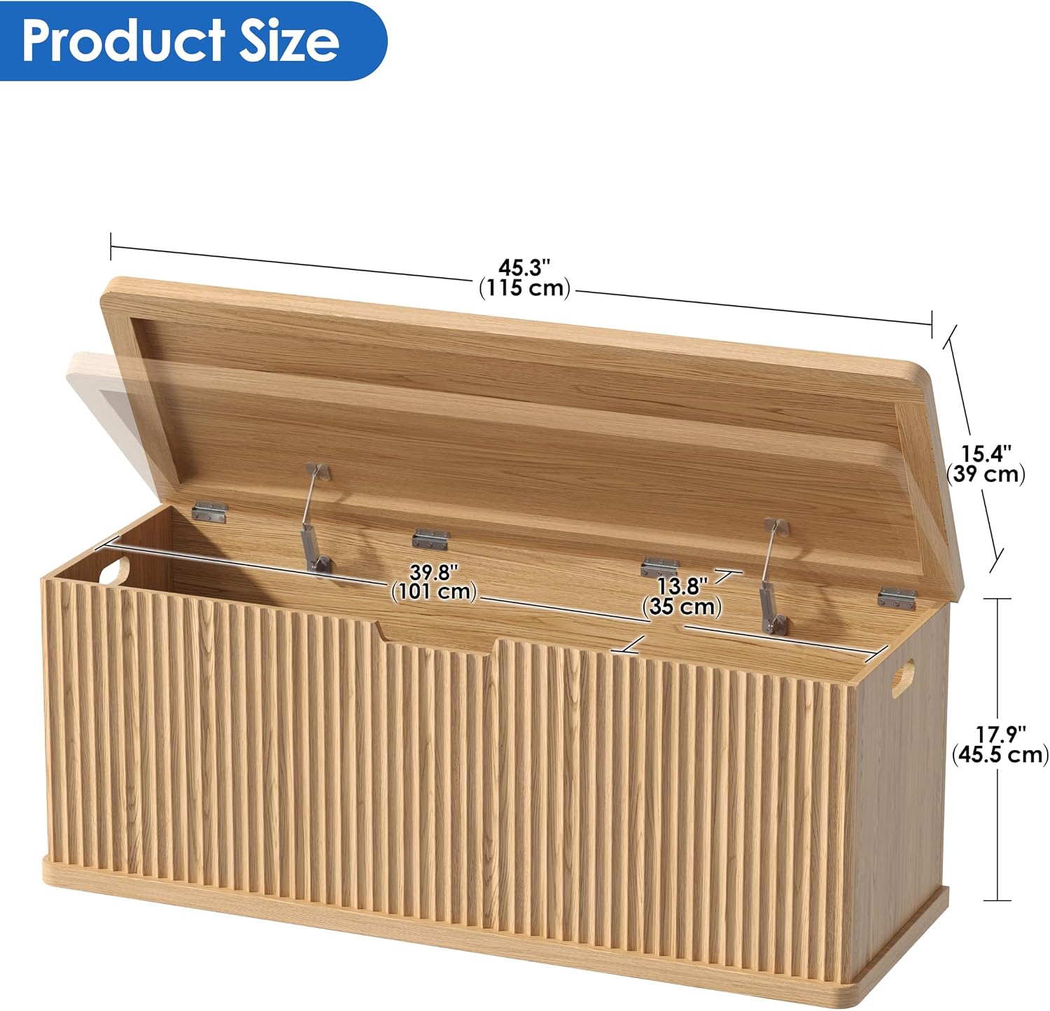 Akxomel 45.3" Fluted Storage Chest Wooden Storage Trunk 2 Safety Hinges Oak | Storage Chest with 2 Safety Hinges & Lift Top, Wooden Box Bench with Curved Profile, for Living Room, Entryway, Bedroom