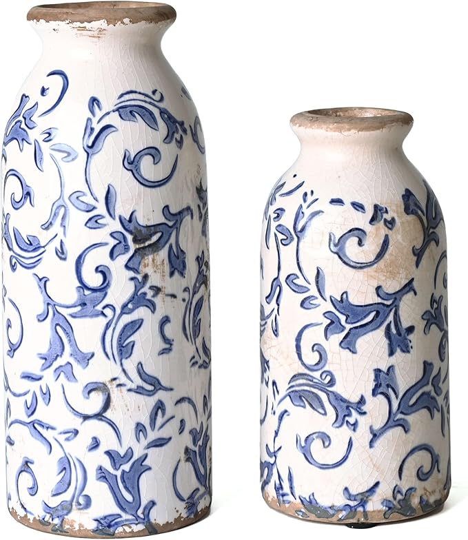 VICTOR & TERESA Blue and White Ceramic Vases Home Decor, Farmhouse Vase for Flowers, Flower Vase Set of 2, Rustic Decorative Vases for Pampas Grass, Table, Living Room, Shelf, Centerpieces, 8 inch