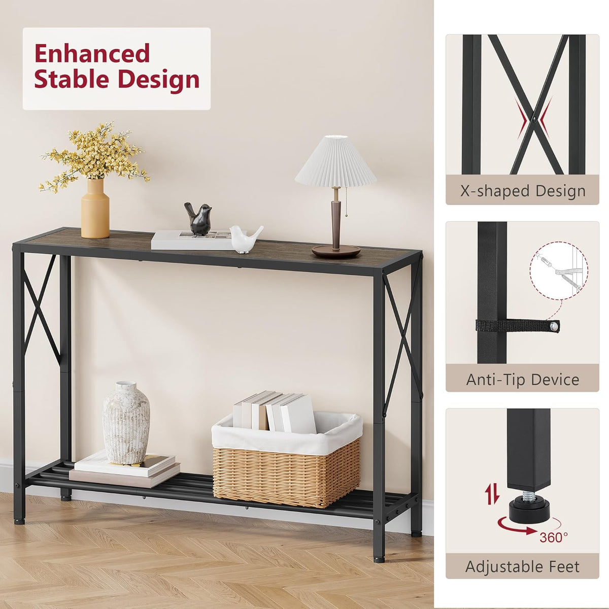 Tajsoon Industrial Console Table 41.8", 2 Tier Entryway Table with Storage Shelves, Narrow Sofa Table with Stable X-Frame, for Living Room, Hallway, Foyer, Office, Dark Grey