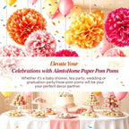 AimtoHome Pink Orange Tissue Paper Flower Pom Poms12pack Hanging Paper Pom Pom Decorations for Tea Party, Wedding, Bridal Shower, Birthday, Fiesta, Baby Shower, Nursery, Bachelorette, 10/8/6 inch