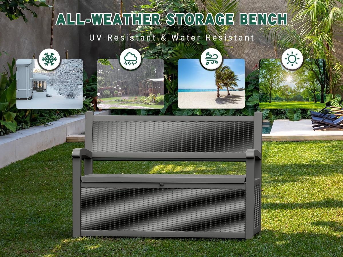 80 Gallon Outdoor Storage Box, Resin Patio Furniture with Armrest, Lockable Deck Box with Waterproof and UV Resistant for Patio Cushions, Garden Tools and Pool Supplies, Grey