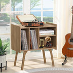 LELELINKY Wide Record Player Stand, 4-Cubby Vinyl Storage Table, Oak Grey | Mid-Century Modern Turntable Stand with Wood Legs, Up to 120 Albums, Vinyl Holder Display Shelf for Bedroom and Living Room
