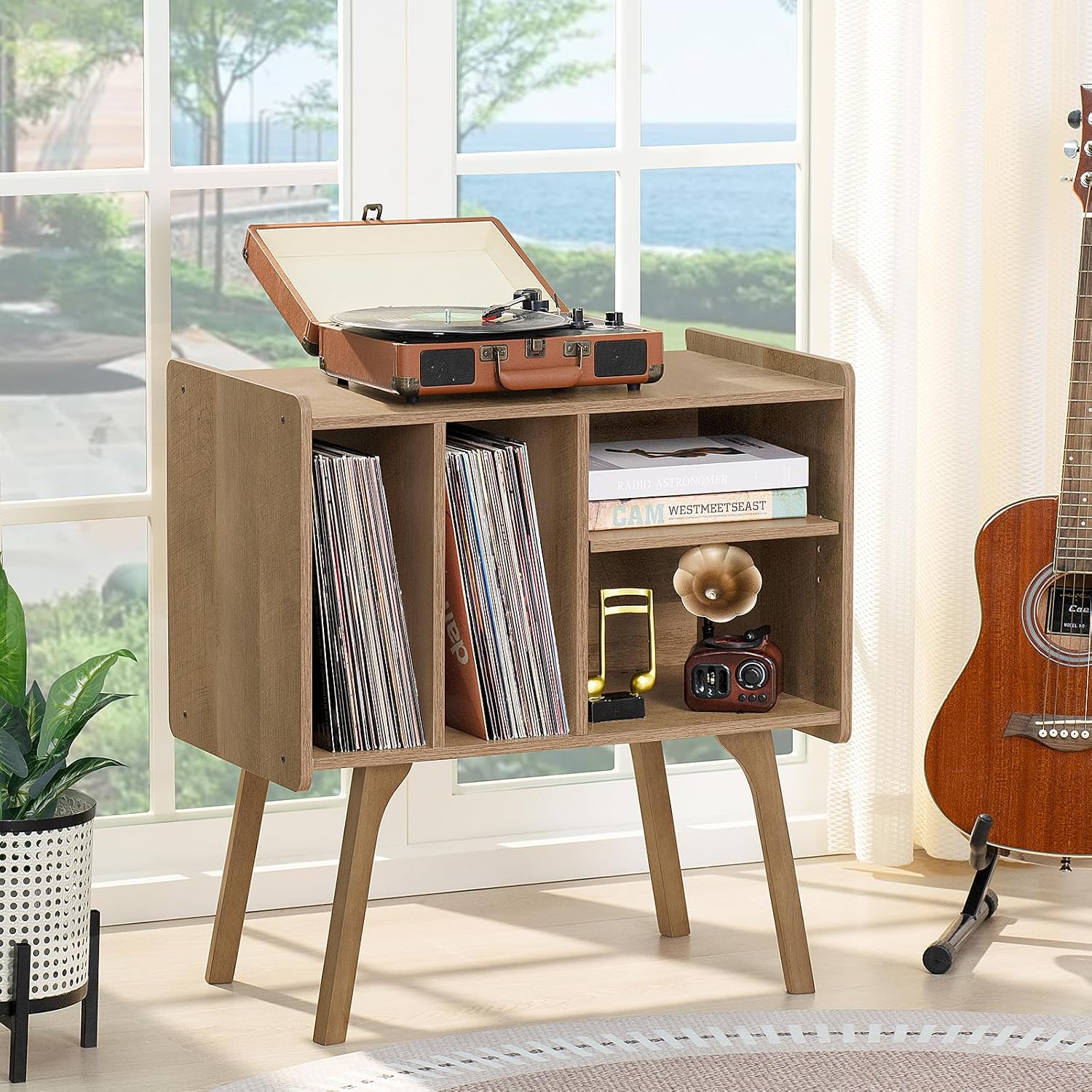 LELELINKY Wide Record Player Stand, 4-Cubby Vinyl Storage Table, Oak Grey | Mid-Century Modern Turntable Stand with Wood Legs, Up to 120 Albums, Vinyl Holder Display Shelf for Bedroom and Living Room