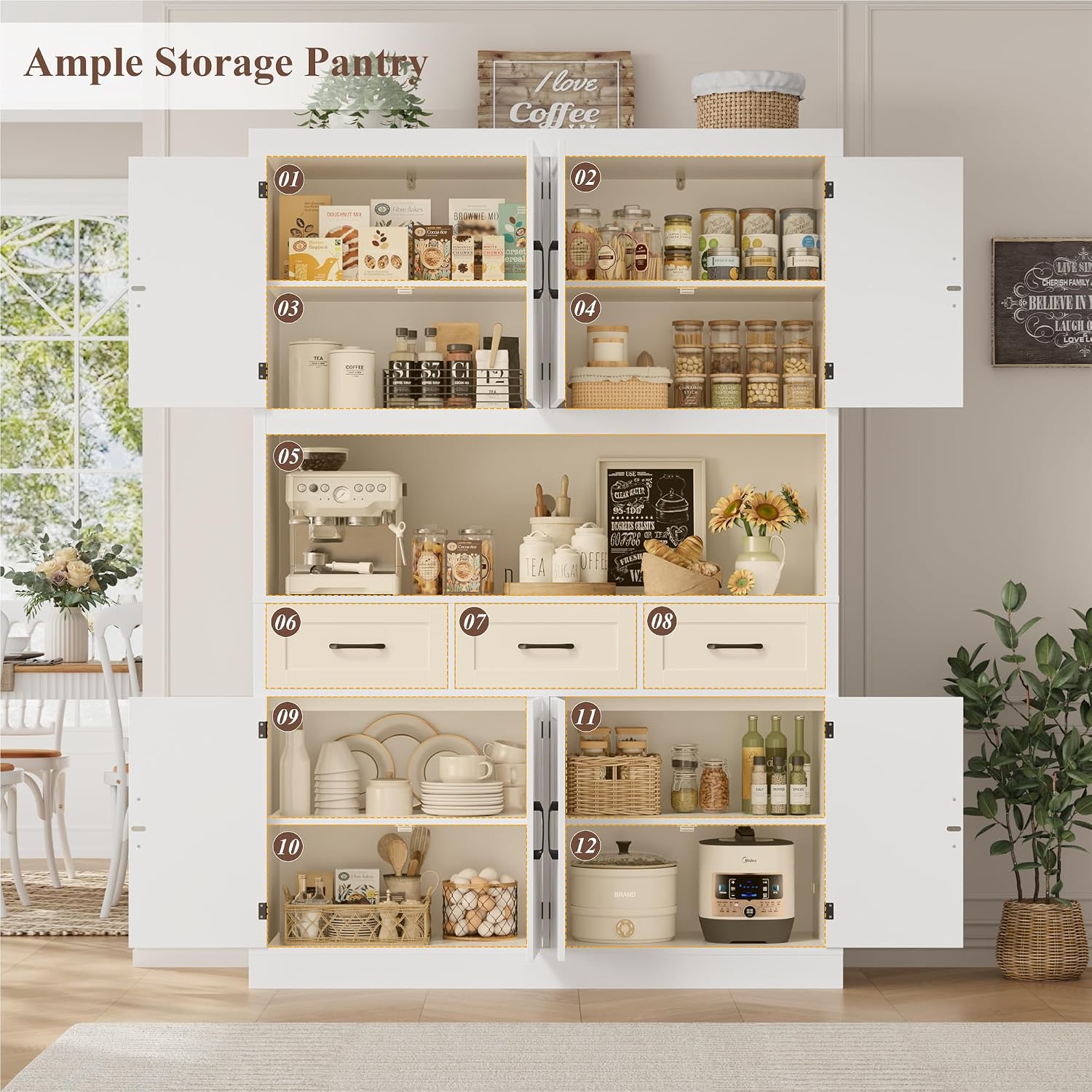 HITHOS 55“W Kitchen Pantry Cabinet, 76" Tall Hutch Storage Cabinet, White | Large Kitchen Pantry Storage Cabinet with Countertop, Modern Kitchen Hutch, Wood Coffee Bar with Drawers for Dining Room
