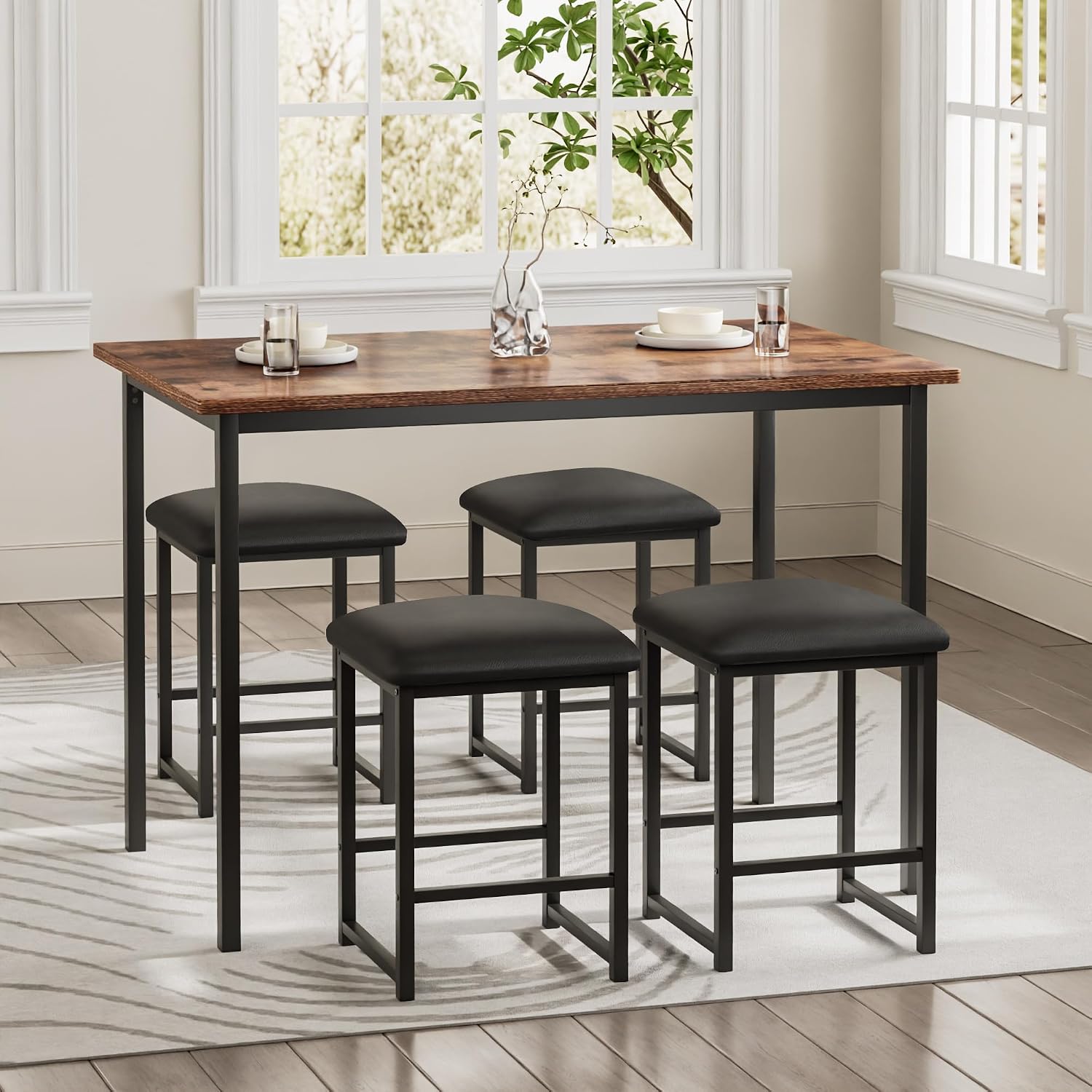 VECELO Kitchen Table and Chairs for 4, Dining Room Set with PU Chairs/Stools, Heavy-Duty Metal Frame, Wooden Tabletop, Space-Saving Design for Small Spaces, Easy Assembly, Vintage Brown & Black