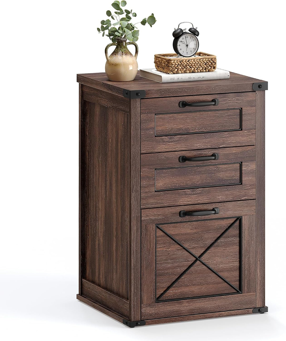 VASAGLE File Cabinet with 3 Drawers, Printer Stand, Fit A4 Letter Size | Hanging File Folders, Farmhouse Style, for Home Office, Maroon Brown, HANAN Collection UOFC054K02