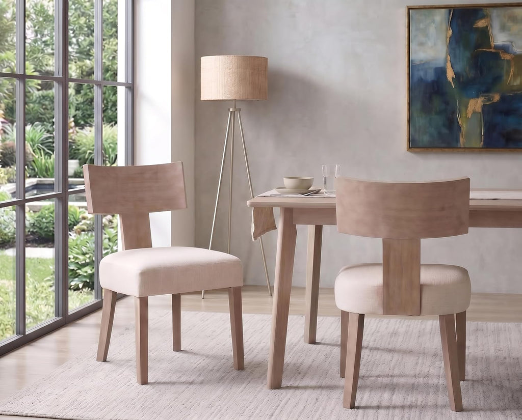 Linen Dining Chairs Set of 6 with Natural Wood Legs, Farmhouse Upholstered Side Chair with Curved Backrest for Living Room/Restaurant, Beige-Light Brown Legs