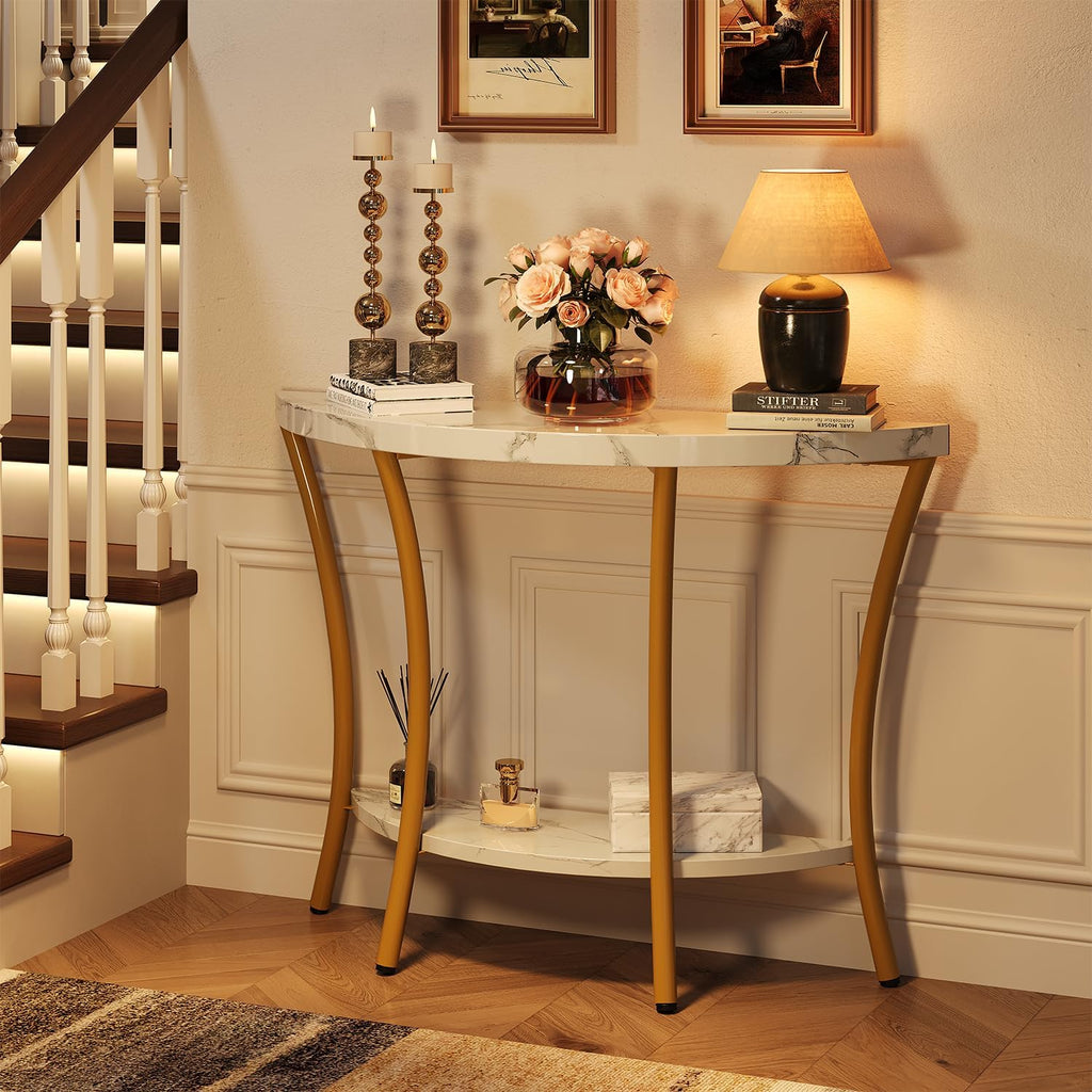 39.4" Console Table with Half Moon Wood Shelves, 2 Tier Modern Entryway Table with Curved Metal Frames, Narrow Sofa Couch Table for Hallway, Entrance, Living Room, Foyer, White Marble & Gold