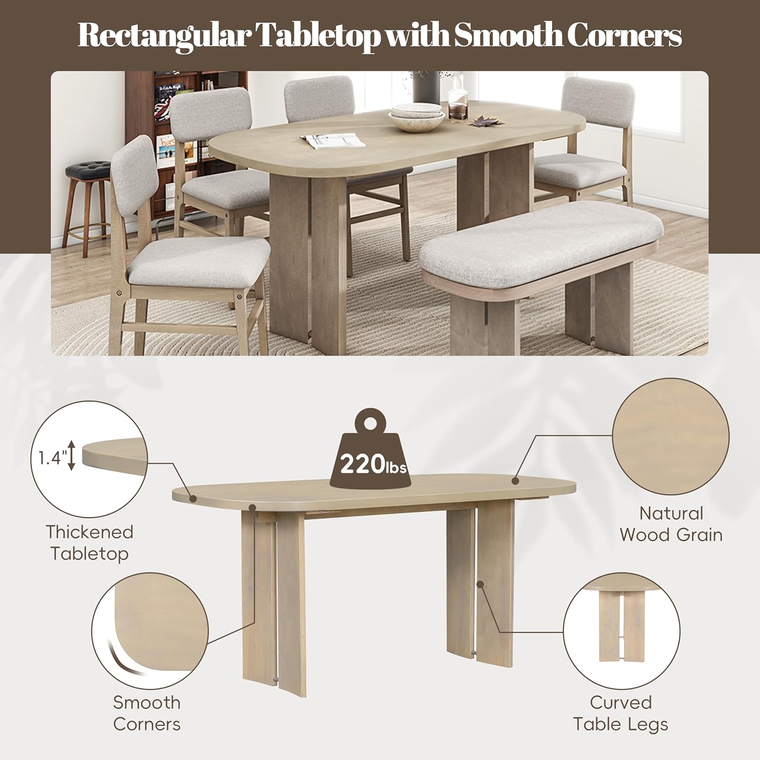 Harper & Bright Designs Dining Table and Chairs Set, 6-Piece Solid Wood Dining Room Set with Bench, Modern Farmhouse Kitchen Furniture for Family Gatherings, Natural