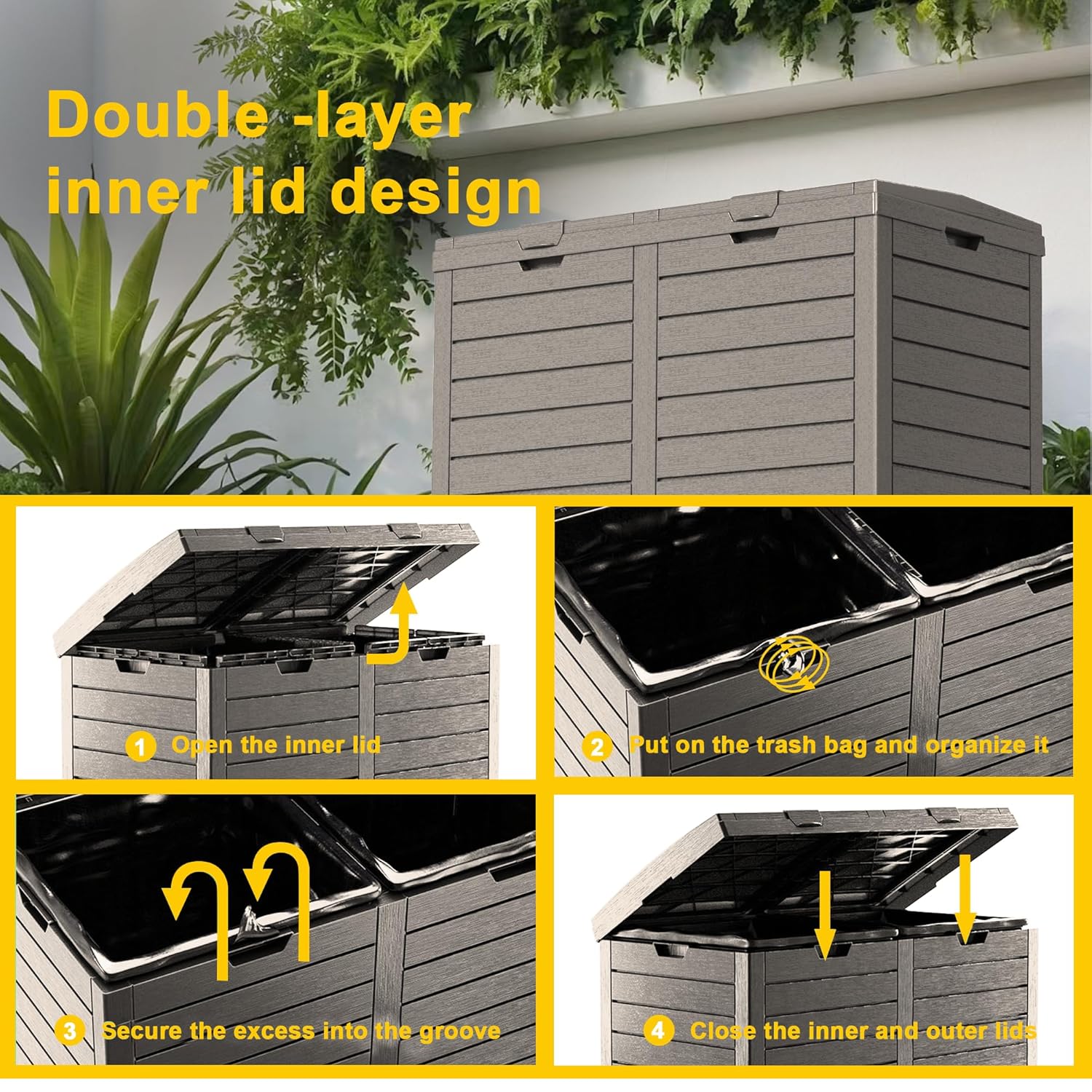 62 Gallon Outdoor Trash Can with Tiered Lid and Drip Tray,Waterproof Resin Waste Bin Indoor,Durable,Stylish,Lightweight Garbage Bin for Patio,Kitchen,Backyard and Office(Light Brown)