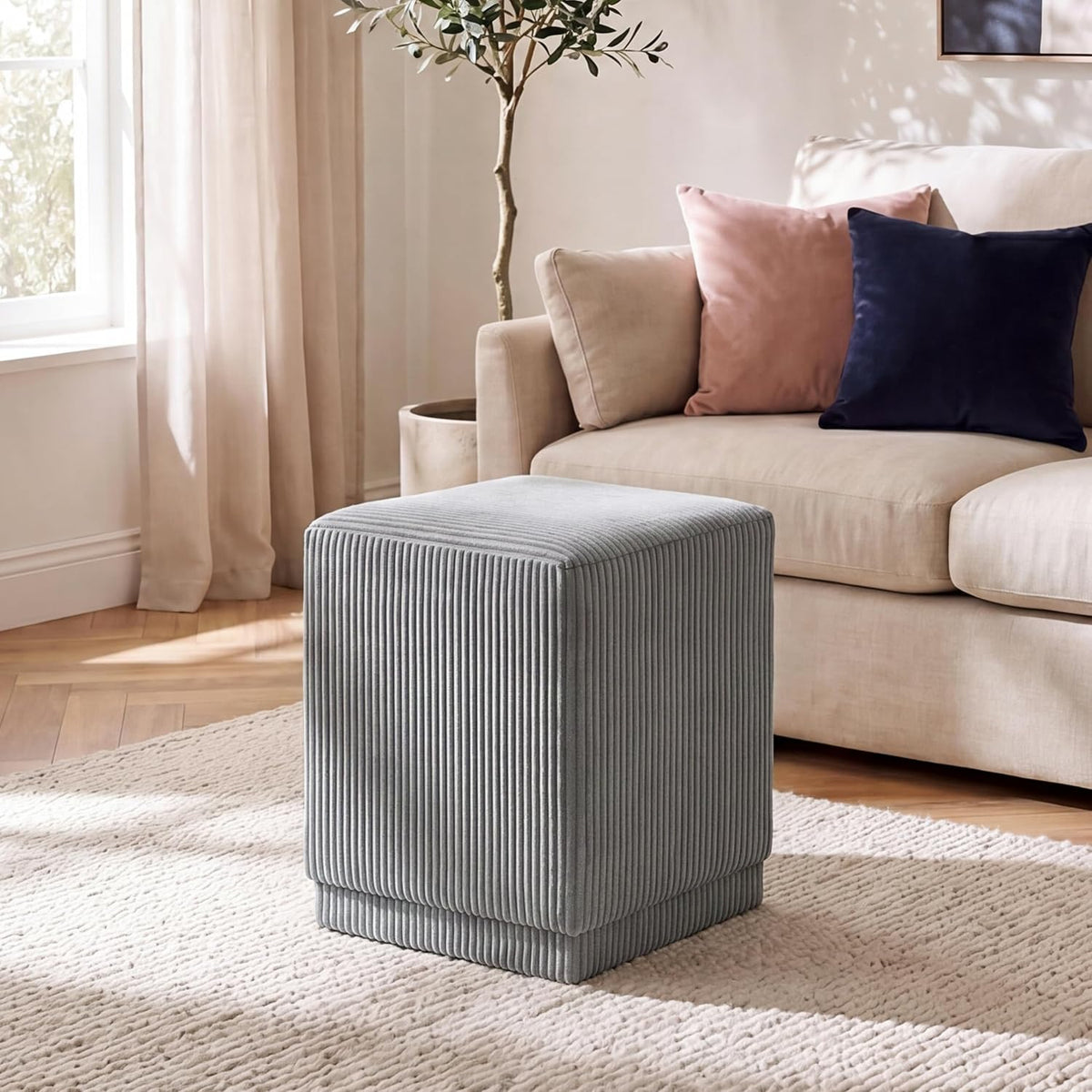 Homebeez Modern Square Ottoman, Vertical Channel Tufted Foot Stool Ottoman, Corduroy Velvet Upholstered Vanity Stool for Makeup, Bedroom, Living Room, Light Gray