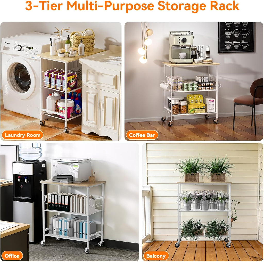 NTE Rolling Kitchen Microwave Cart, 3 Tier Microwave Stand with Storage, Small Kitchen Island on Wheels, Kitchen Storage Cart with 6 Hooks for Kitchen, Coffee Bar, Living Room, Balcony