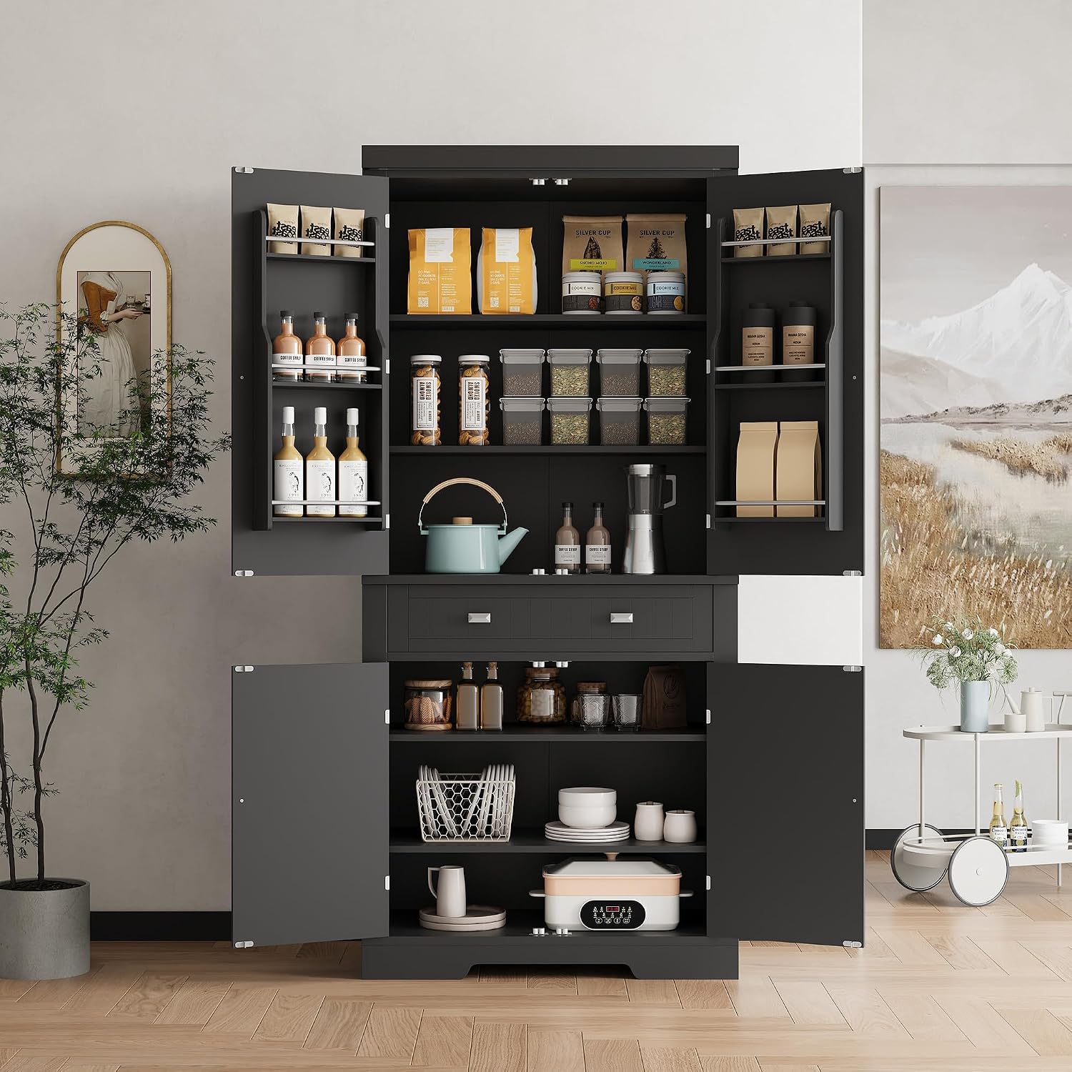 71.7 Inch Kitchen Pantry Cabinet,Freestanding High Cupboard Bathroom Storage Cabinet with 2 Drawer & Cabinets, 3 Adjustable Shelves, 6 Door Shelves,for Living Room, Kitchen Black