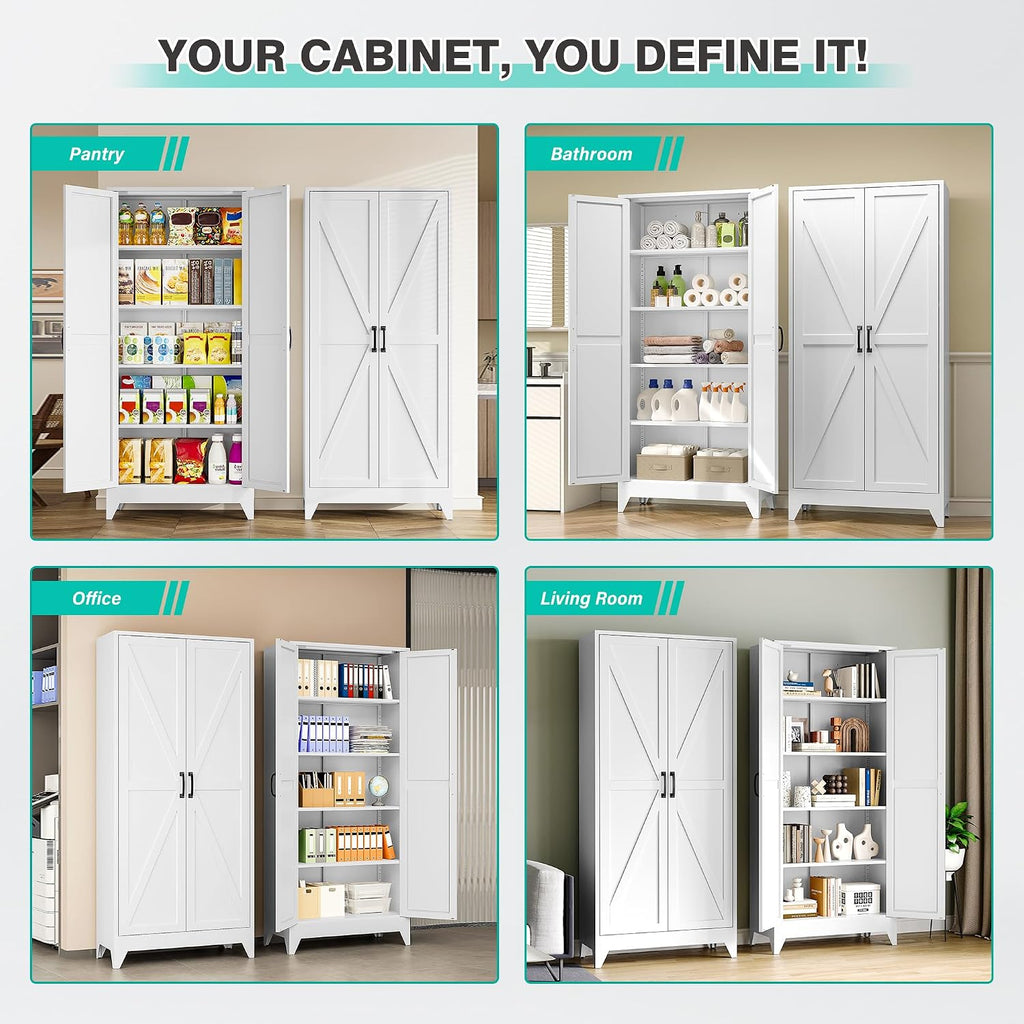 SISESOL 75" Tall Pantry Cabinet,Farmhouse Kitchen Pantry Storage Cabinets with 2 Doors and 5 Shelves,White Metal Storage Cabinet,Large Cupboard for Home,Kitchen,Dining/Living Room