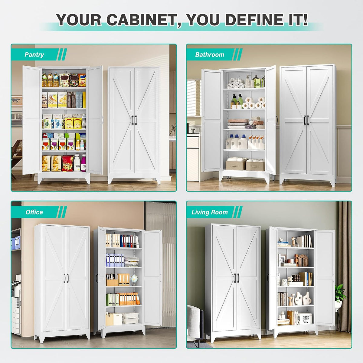 SISESOL 75" Tall Pantry Cabinet,Farmhouse Kitchen Pantry Storage Cabinets with 2 Doors and 5 Shelves,White Metal Storage Cabinet,Large Cupboard for Home,Kitchen,Dining/Living Room