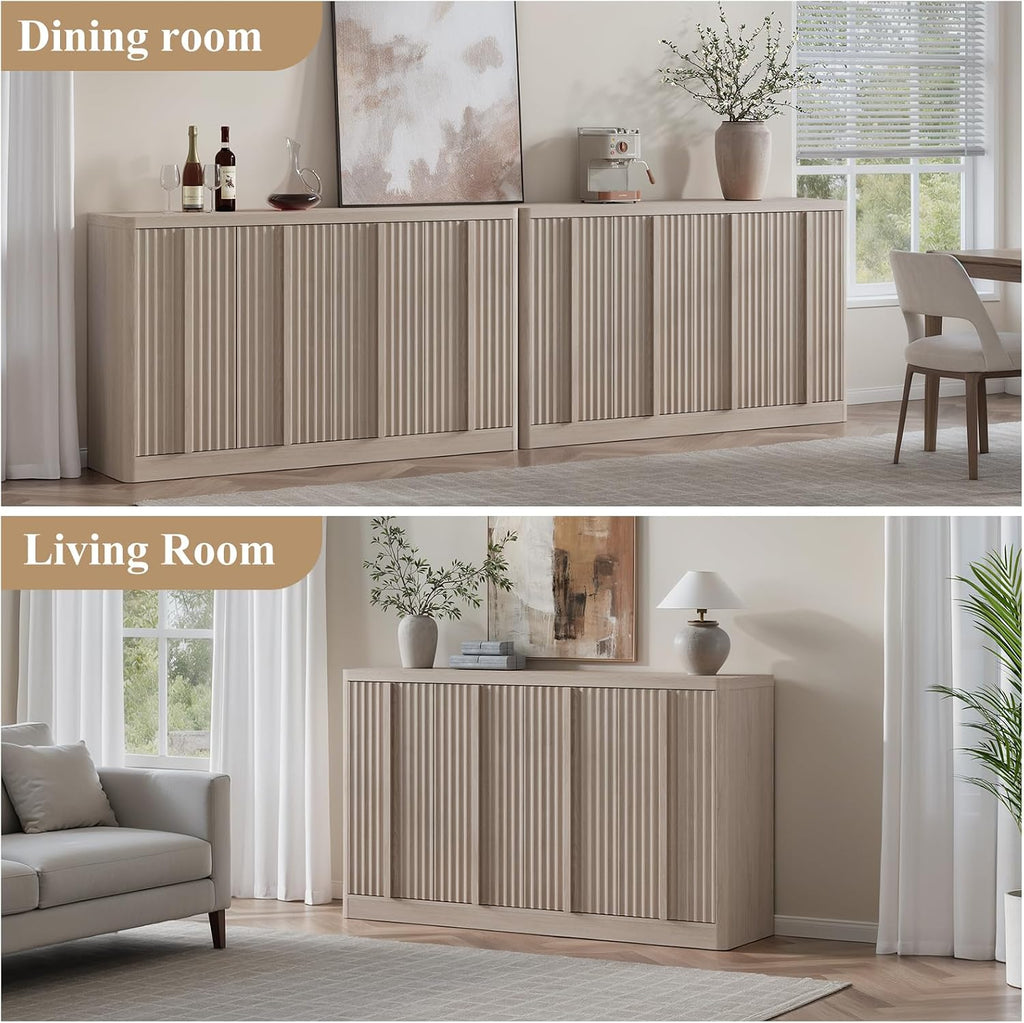 Fluted Buffet Cabinet with Storage, 120" Sideboard Buffet Storage Cabinet with 8 Doors & Solid Wood Handle, Coffee Bar Wood Credenza Cabinet for Kitchen, Living Room, Hallway, White Alder(2PCS)