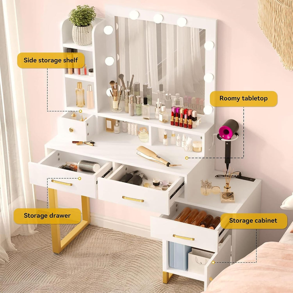 DWVO Vanity Desk with Mirror and Lights | Makeup Vanity with 3‑Mode Lighting and Power Outlet, Vanity Desk with Multiple Storage Drawers, Shelves, Cabinet and Stool