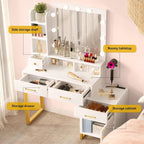 DWVO Vanity Desk with Mirror and Lights | Makeup Vanity with 3‑Mode Lighting and Power Outlet, Vanity Desk with Multiple Storage Drawers, Shelves, Cabinet and Stool