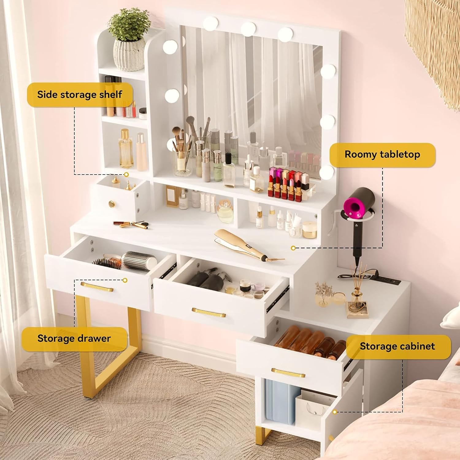 DWVO Vanity Desk with Mirror and Lights | Makeup Vanity with 3‑Mode Lighting and Power Outlet, Vanity Desk with Multiple Storage Drawers, Shelves, Cabinet and Stool
