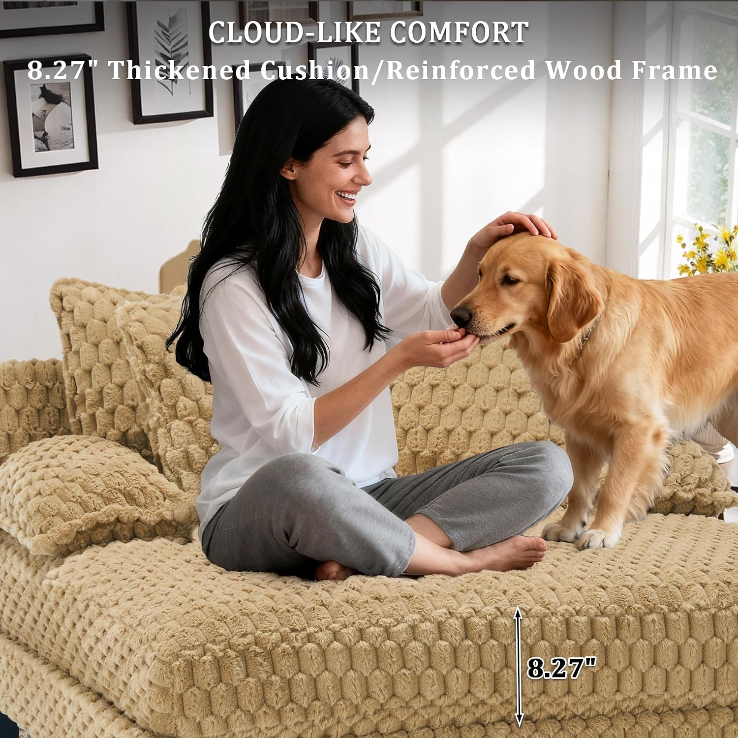 Faux Fur Oversized Chaise Lounge Indoor with Adjustable Backrest | 59 Inches Single Sleeper Sofa Chair, with 3 Lumbar Pillows, Upholstered, for Living Room, Bedroom, Office