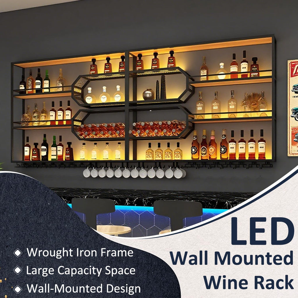 Large Liquor Shelf, Solid Wood Wall Mounted Wine Rack with Glass Holder & LED Light, 3-Tier Floating Bar Shelves, for Home Bar Kitchen, Living Room, Black,94 * 8 * 49in