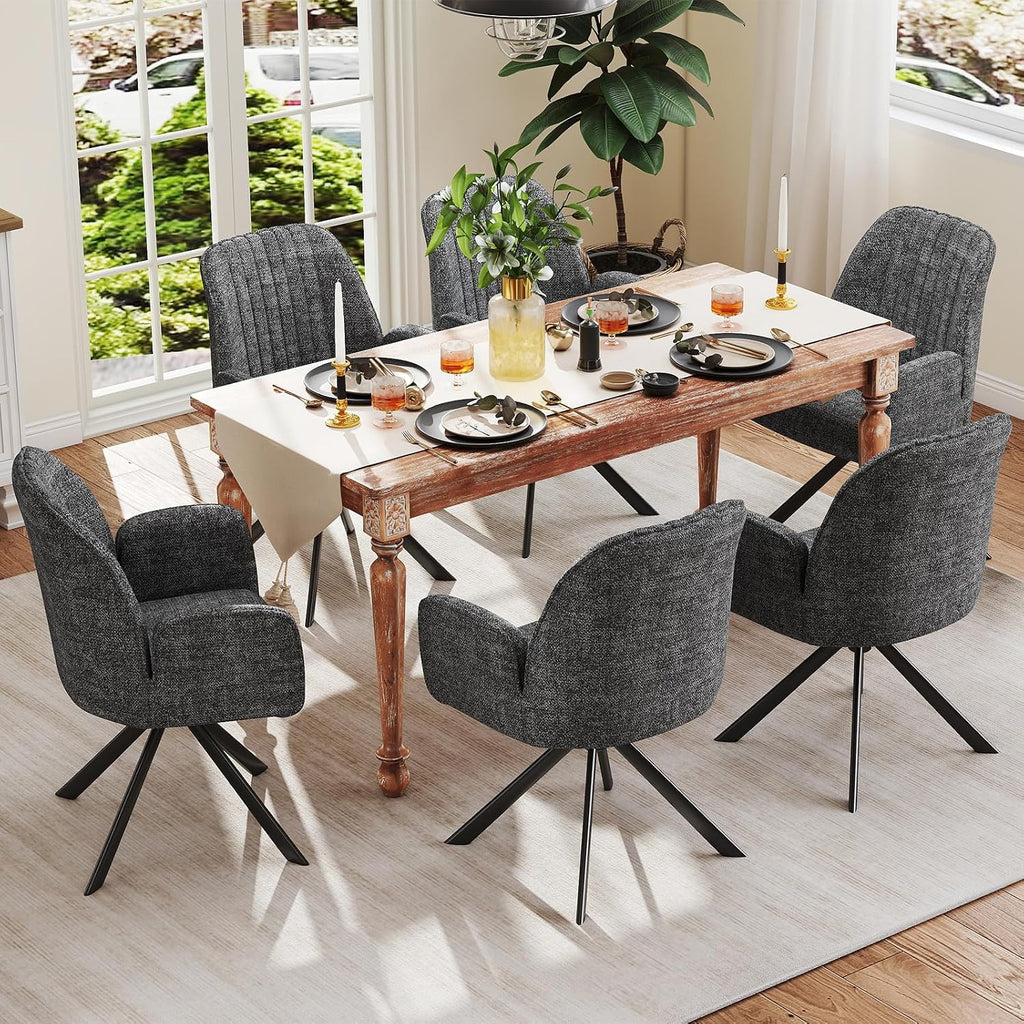 Furniliving Swivel Dining Chairs Set of 2, Upholstered Dining Room Chairs with Arms, 360° Swivel Dining Chairs with Metal Frame, Modern Kitchen Chairs for Lounge, Chenille, Darkgrey