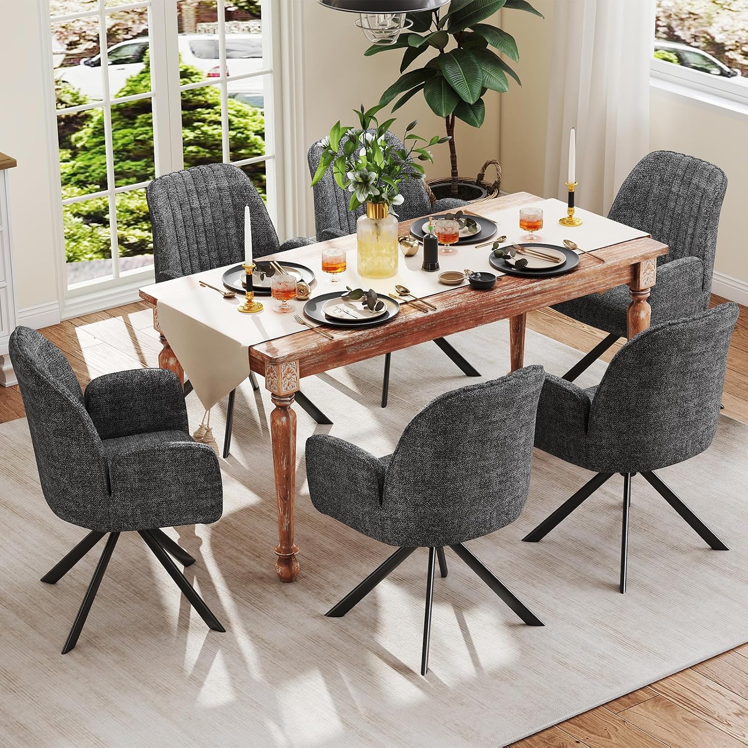 Furniliving Swivel Dining Chairs Set of 2, Upholstered Dining Room Chairs with Arms, 360° Swivel Dining Chairs with Metal Frame, Modern Kitchen Chairs for Lounge, Chenille, Darkgrey
