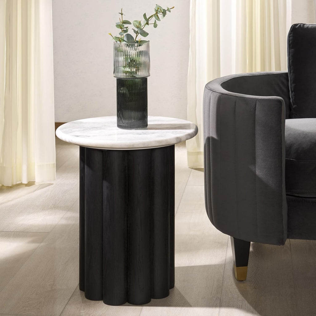 SAFAVIEH Couture Collection - Roxiella Black Solid Wood & Round Marble Top Accent Table, Pedestal Design, Sculptural Modern Side Table (SFV9732B)