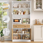 Keyluv 71" Tall Kitchen Pantry Storage Cabinet with Microwave Stand, Modern Kitchen Hutch with Countertop, Wood Coffee Buffet Hutch with Glass Doors, Drawer, Adjustable Shelves for Dining Room, Khaki
