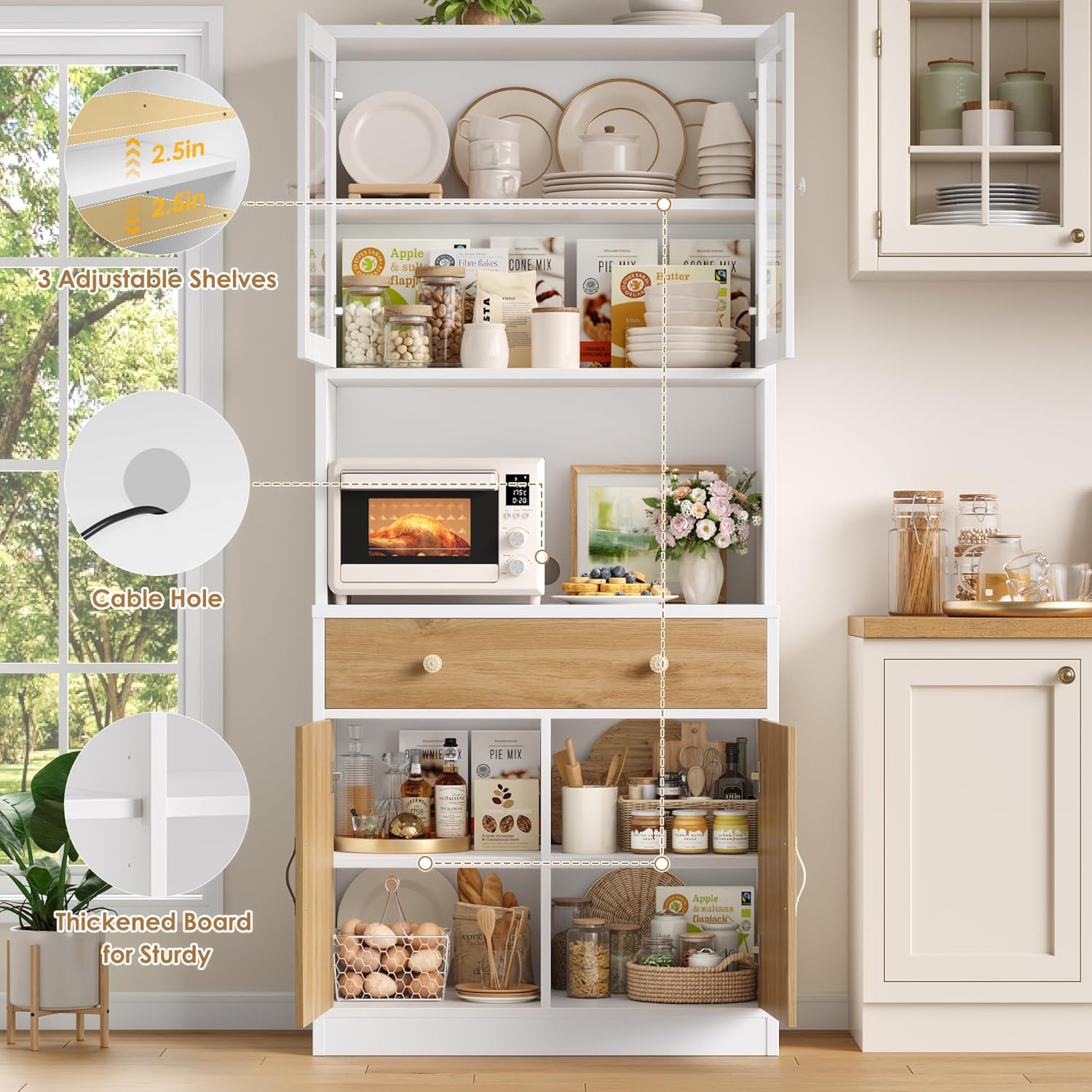 Keyluv 71" Tall Kitchen Pantry Storage Cabinet with Microwave Stand, Modern Kitchen Hutch with Countertop, Wood Coffee Buffet Hutch with Glass Doors, Drawer, Adjustable Shelves for Dining Room, Khaki