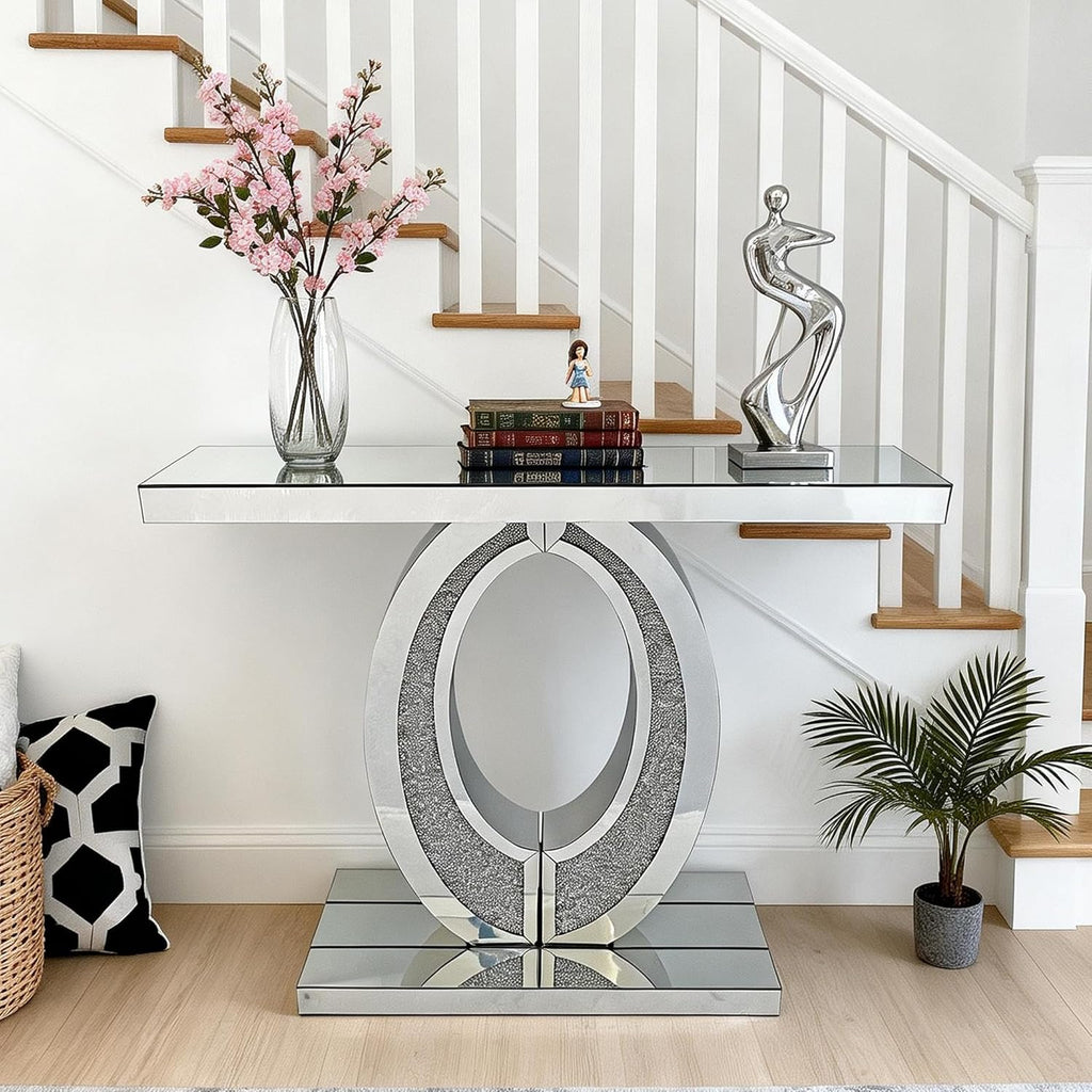 2 Piece Mirrored Console Table & Oval Wall Mirror Set, 39.5" Silver Entryway Sofa Table with Crystal-Inlaid Olive-Shape Base and Crush Diamond Round Wall Mirror Set for Entryway Hallway Entrance