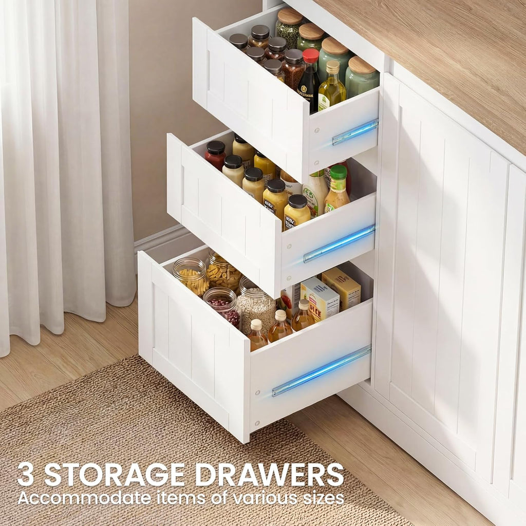 70.8'' LED Pantry Cabinet with Charging Station, Tall Kitchen Pantry Storage Cabinet with Countertop & Cup Hooks, Farmhouse Kitchen Hutch with Storage Drawers for Dining Room, White