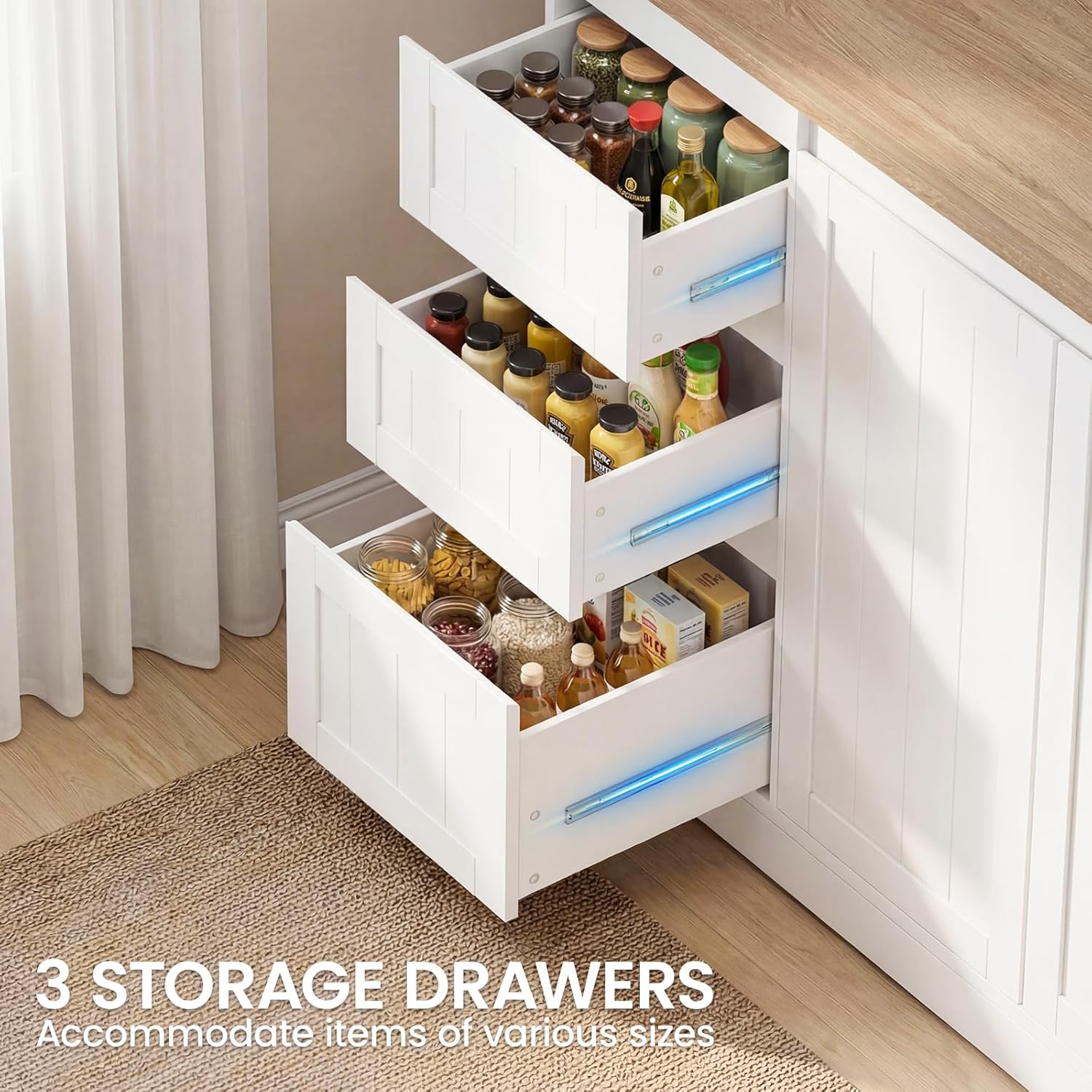 70.8" Tall Pantry Cabinet with LED & Charging Station, Freestanding White Kitchen Storage Cabinet with Spacious Countertop, Adjustable Shelves and Door Side Racks for Dining Living Room