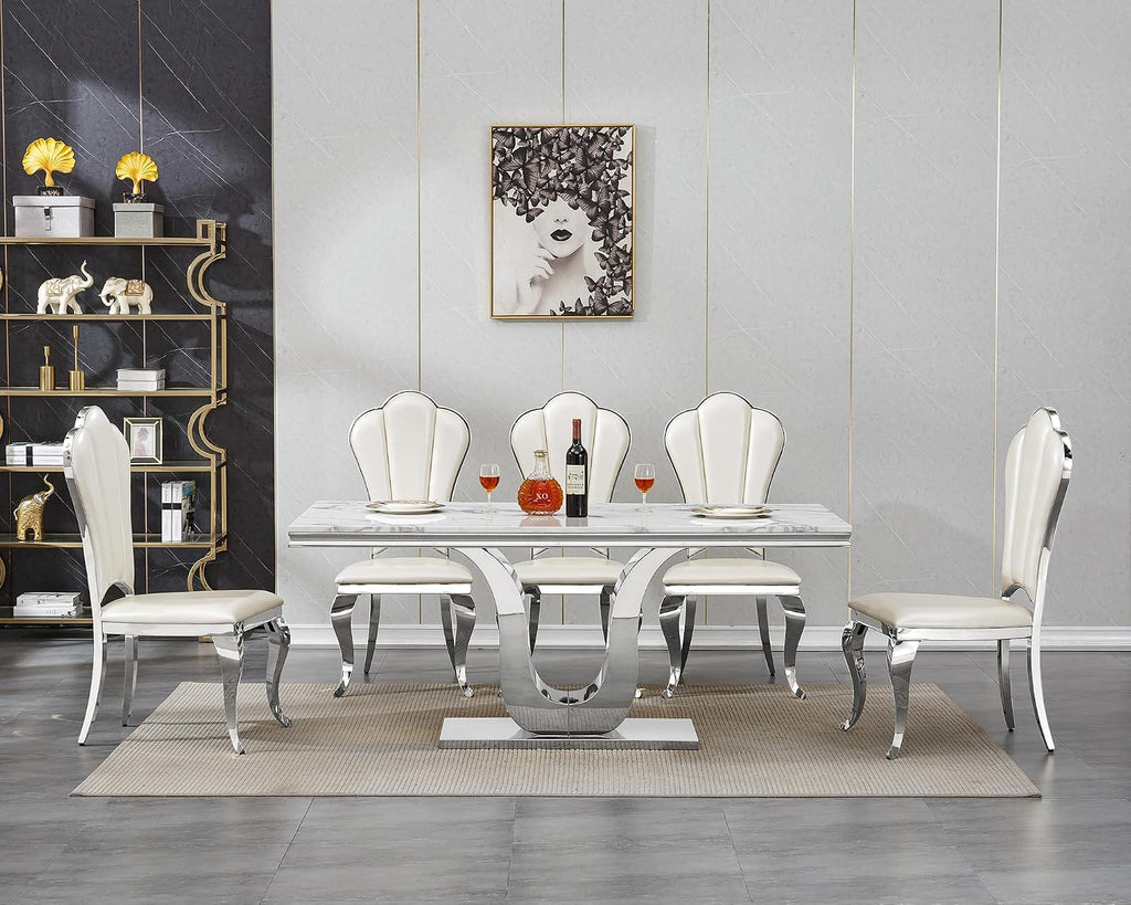 SSLine Modern White Marble Dining Table for 6-8 Rectangle 68" Faux Marble Kitchen Table for 6 Luxury Dining Room Tables with Silver Mirrored Stainless Steel U-Shape Pedestal Base for Home Office