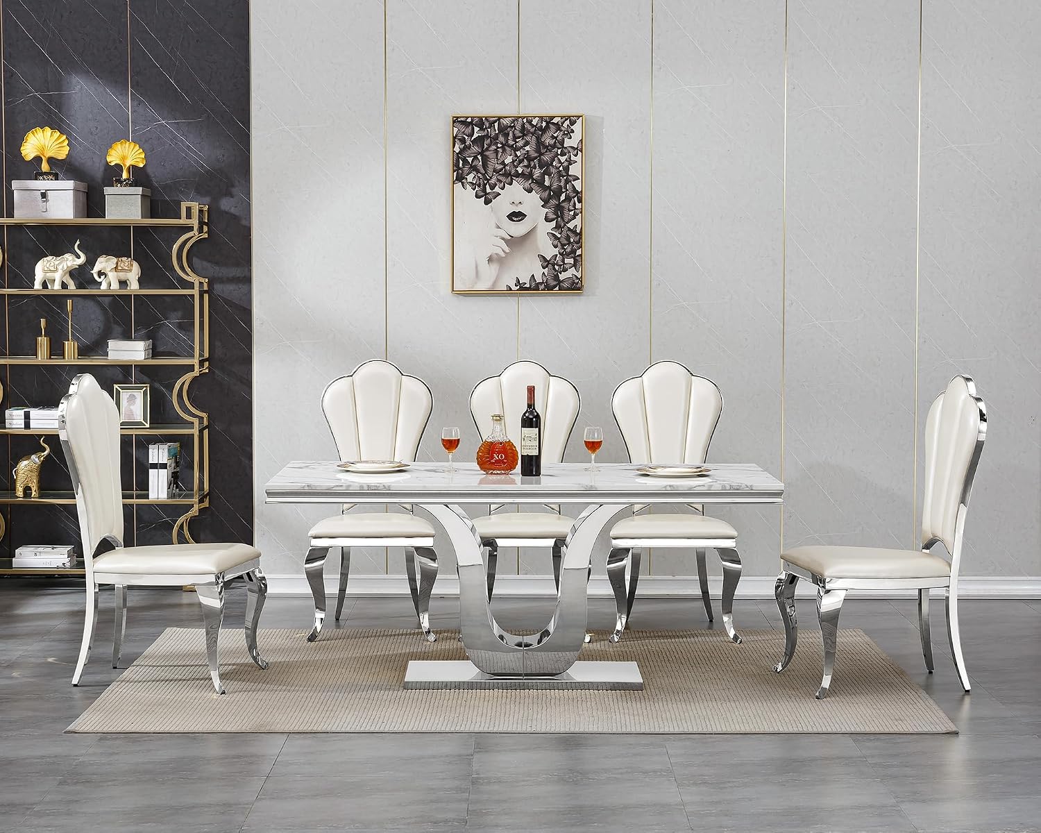 SSLine Modern White Marble Dining Table for 6-8 Rectangle 68" Faux Marble Kitchen Table for 6 Luxury Dining Room Tables with Silver Mirrored Stainless Steel U-Shape Pedestal Base for Home Office